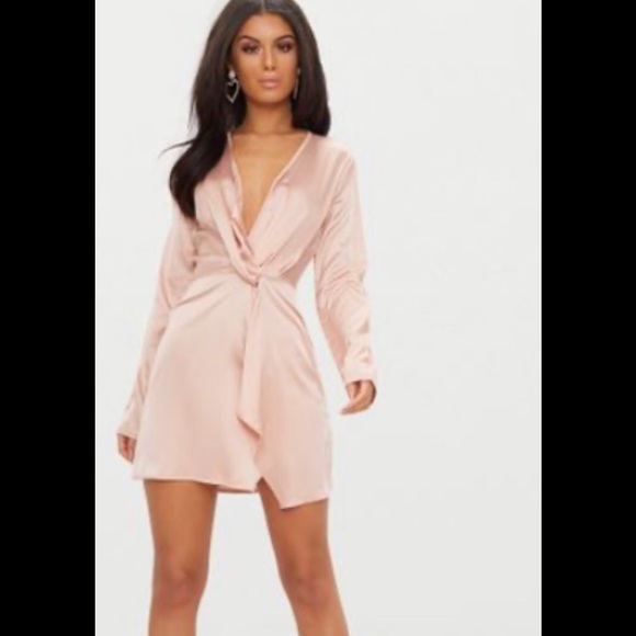 nude satin long sleeve wrap dress